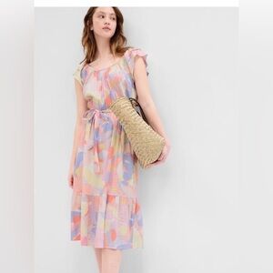 NWT GAP Watercolor Pastel Midi Dress Flutter Sleeve Tie Waist Spring Dress S